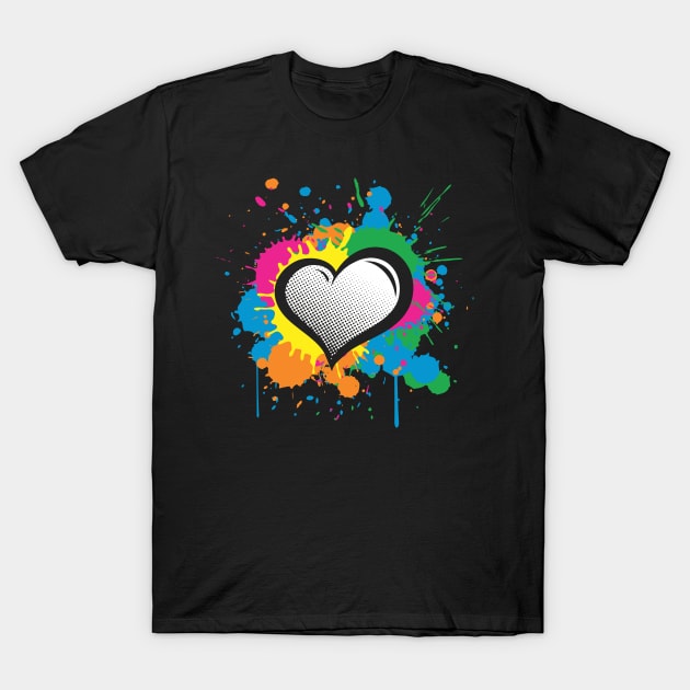 Love Heart Multi Color Paint Splash Splatter T-Shirt by fizzyllama